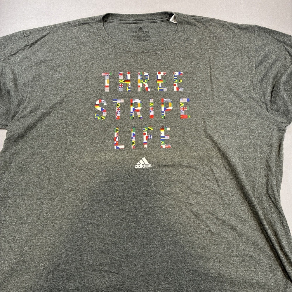 Adidas T-Shirt Mens 2XL Gray Three Stripe Life International Flags Go-To Tee